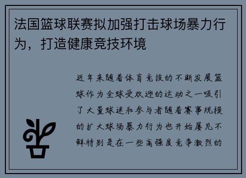 法国篮球联赛拟加强打击球场暴力行为，打造健康竞技环境