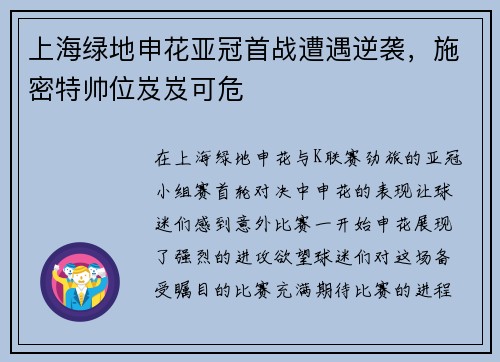 上海绿地申花亚冠首战遭遇逆袭，施密特帅位岌岌可危