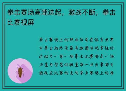 拳击赛场高潮迭起，激战不断，拳击比赛视屏