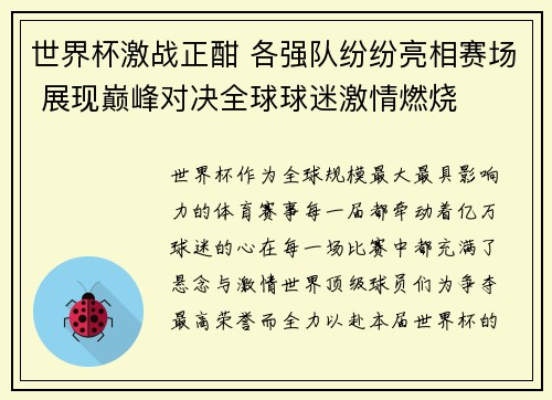 世界杯激战正酣 各强队纷纷亮相赛场 展现巅峰对决全球球迷激情燃烧