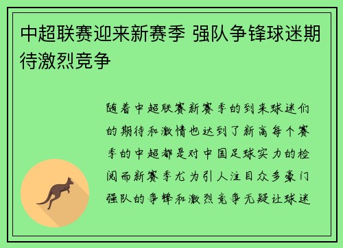 中超联赛迎来新赛季 强队争锋球迷期待激烈竞争