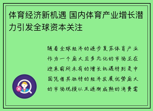 体育经济新机遇 国内体育产业增长潜力引发全球资本关注