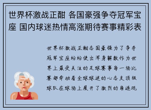 世界杯激战正酣 各国豪强争夺冠军宝座 国内球迷热情高涨期待赛事精彩表现