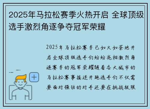 2025年马拉松赛季火热开启 全球顶级选手激烈角逐争夺冠军荣耀